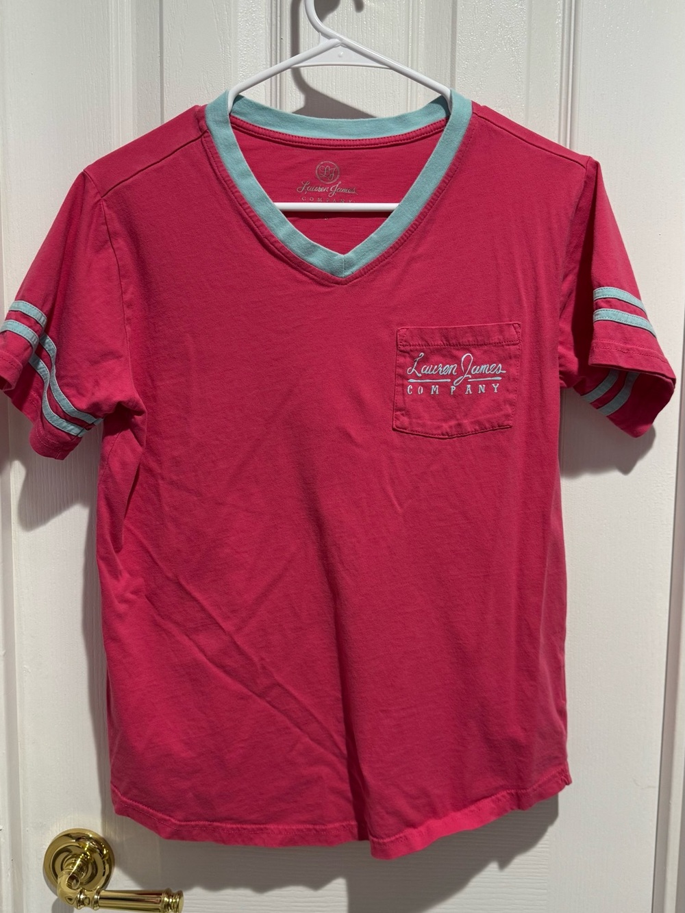 Lauren James Pink V-Neck Tee with Mint Trim and Pocket